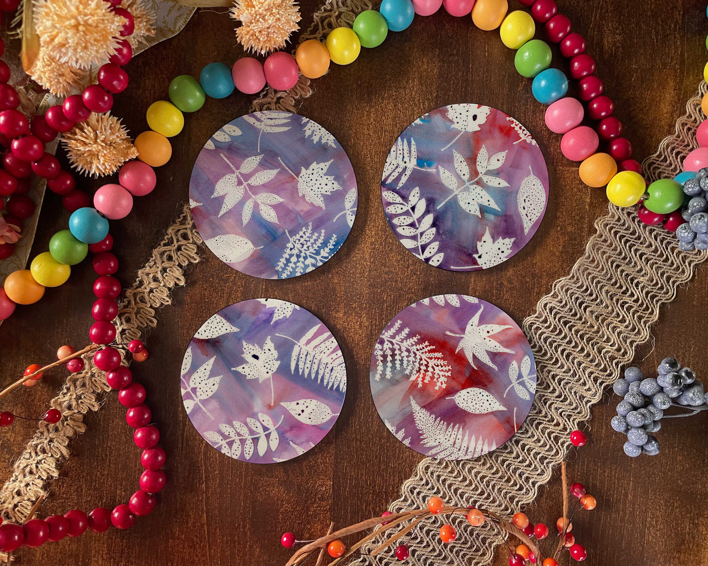 Purple Leaves Abstract Coasters Set of 4