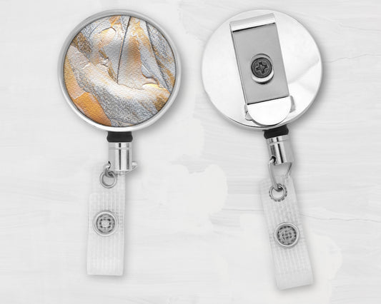 Silver and Gold Abstract Art Badge Reel - Deafness, Hearing Loss, Tinnitus, Meniere's Disease, VACTERL